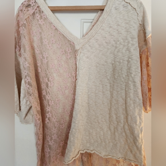 Pol Floral Lace Top Tee Cotton Size Large Pink & Cream Feminine Romantic - Picture 10 of 10